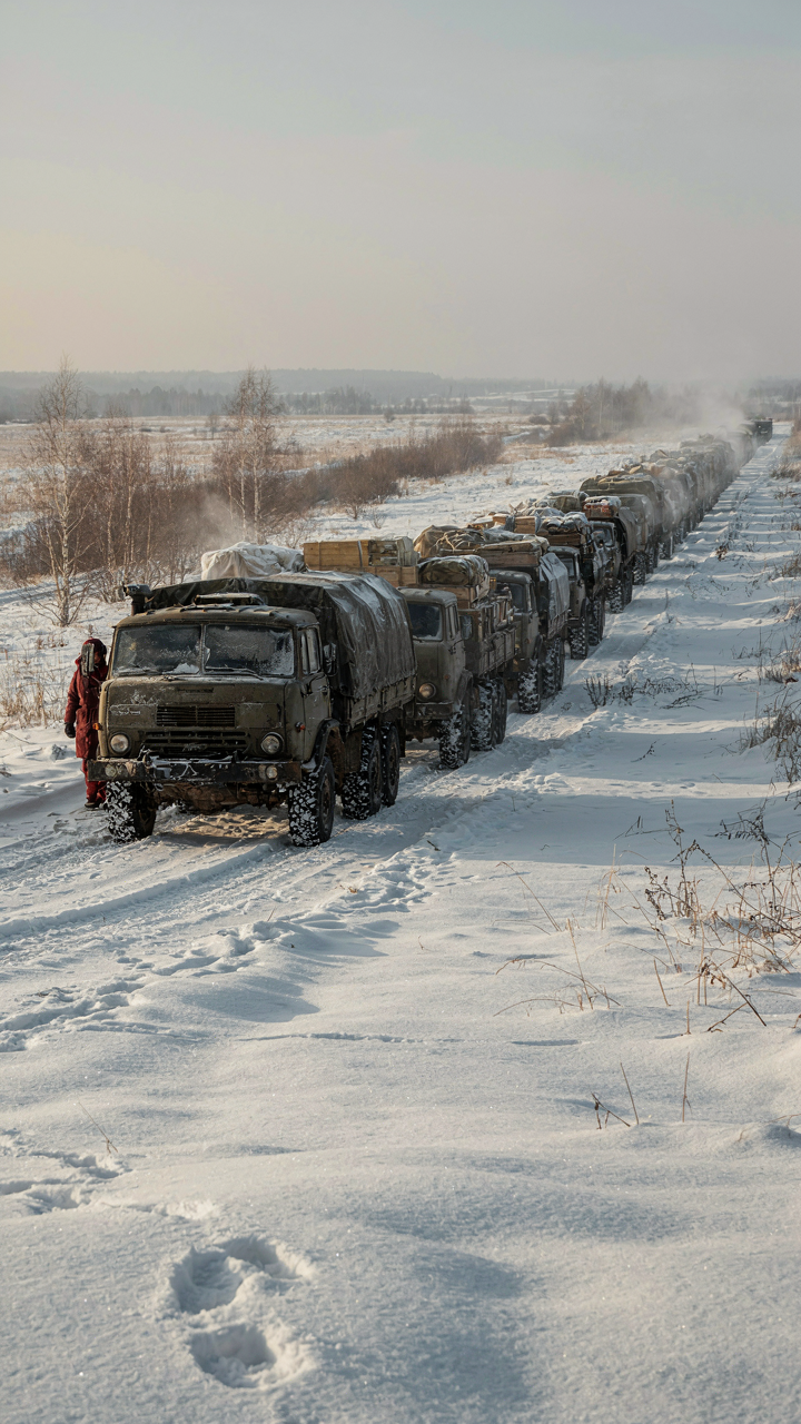 Military supply trucks in a snowy landscape, illustrating supply chain issues.