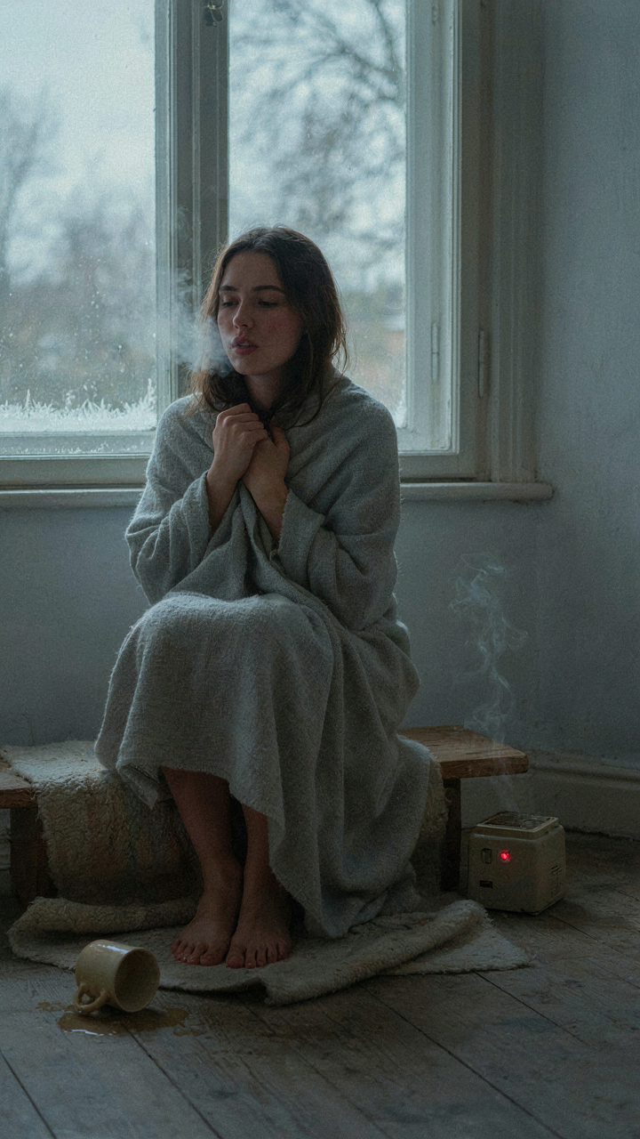 A person shivers in a cold room next to a small heater, demonstrating undersizing.