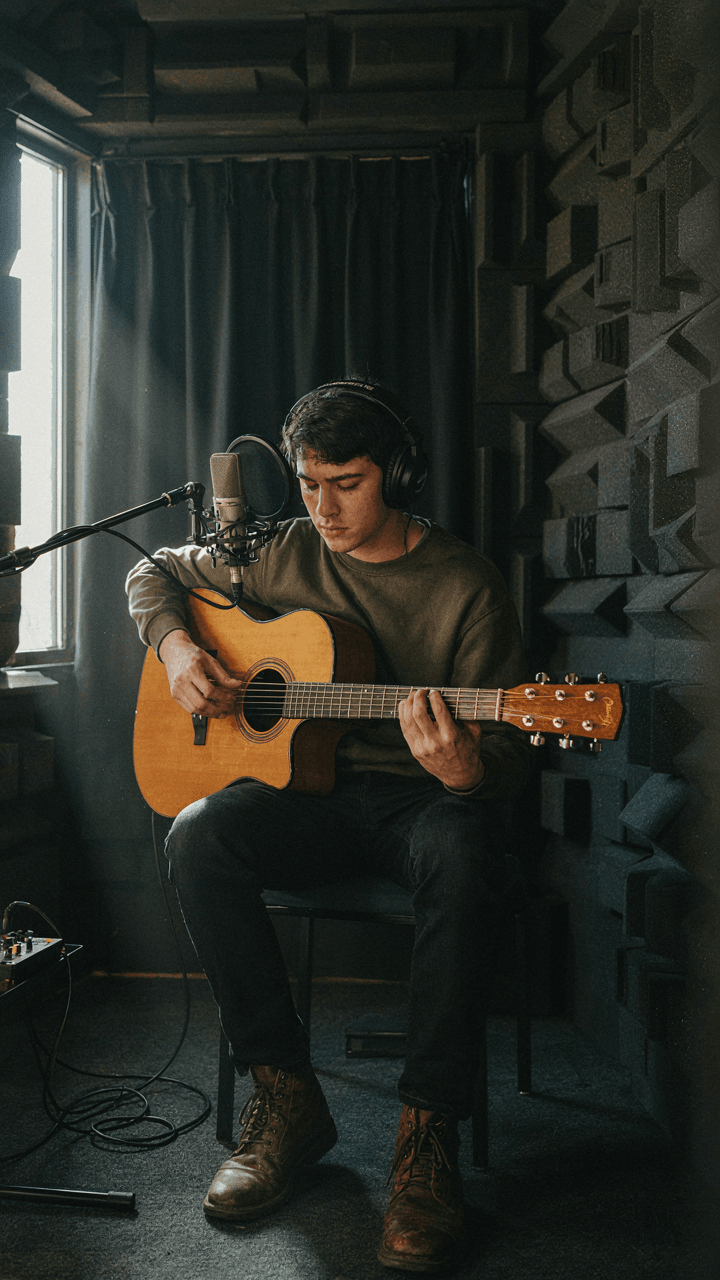 A musician plays guitar in a soundproof recording studio booth.