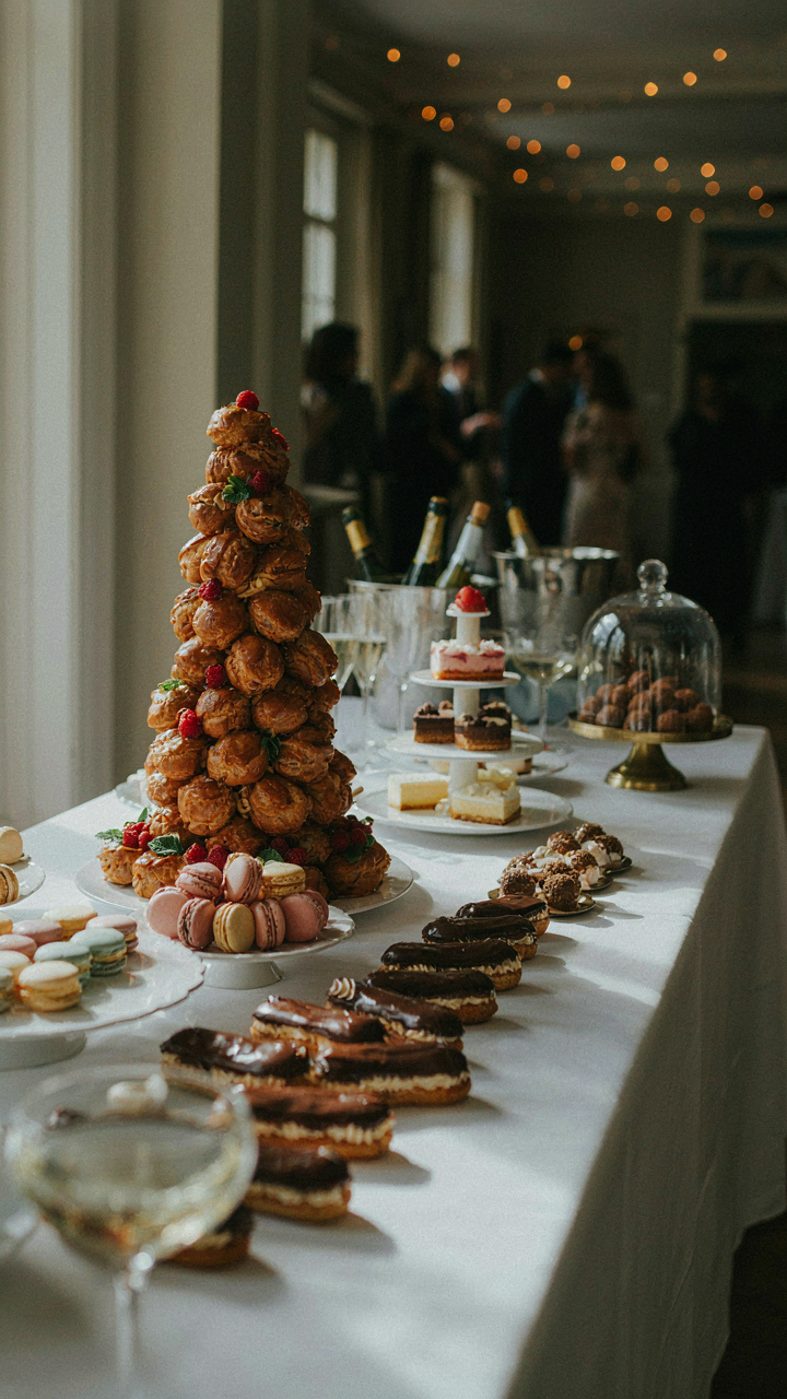 A grand dessert buffet with a tall pastry tower as the centerpiece.
