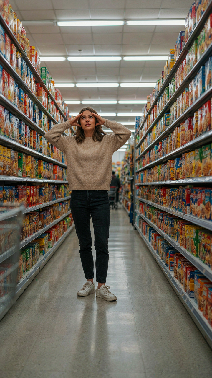 A person looks confused by too many choices in a supermarket cereal aisle.