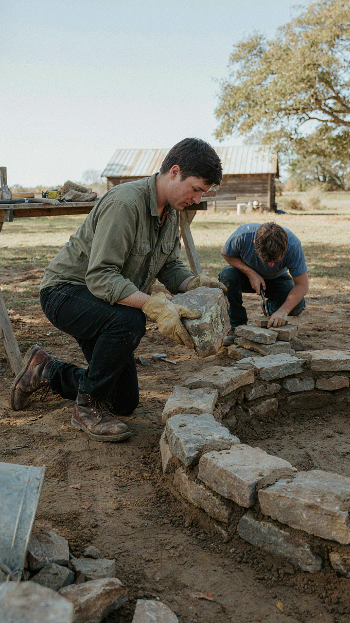 A person in gloves places a large stone in a fire pit ring.