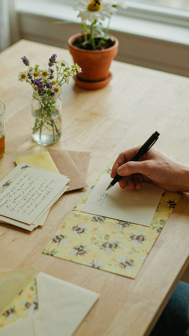 A hand writes a thank you note on bee-themed paper.