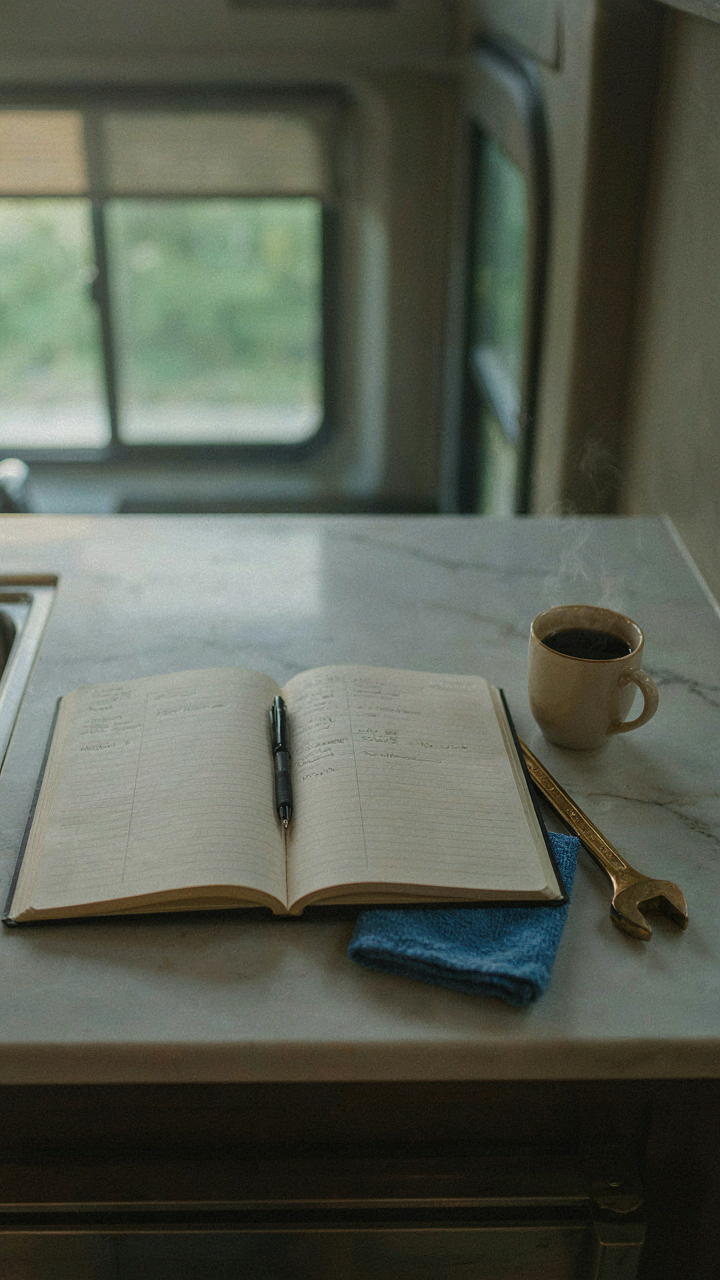 A maintenance logbook is open on a bus conversion kitchen counter.