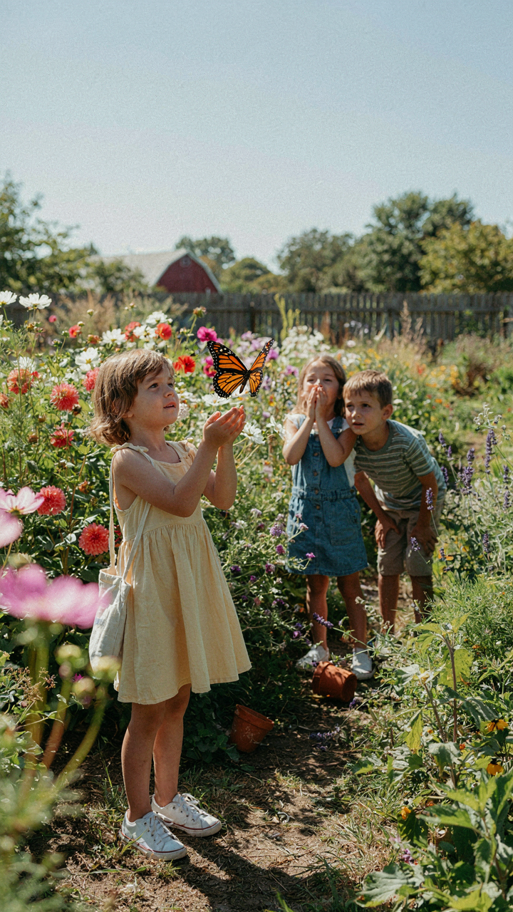 A child releases a butterfly into a garden while other children watch.