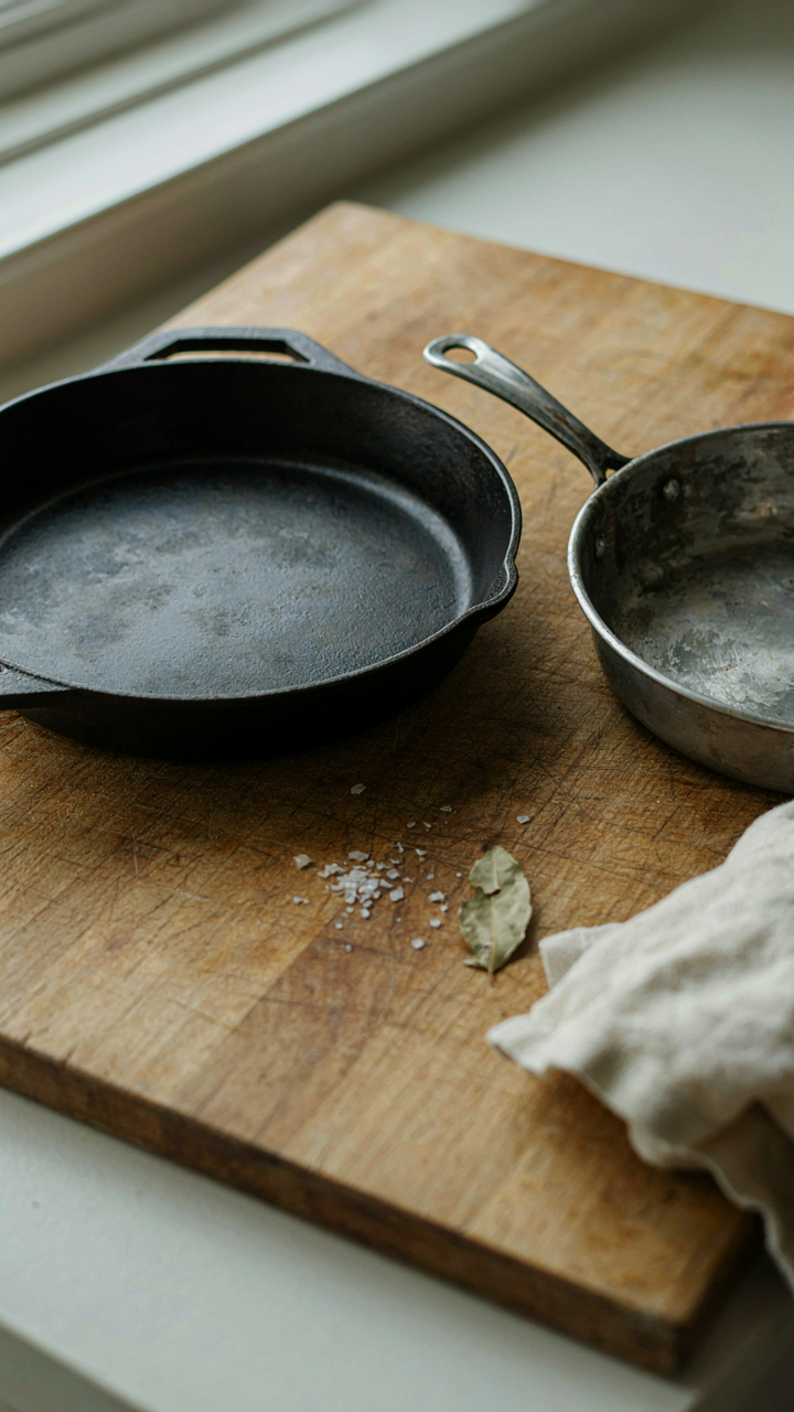 A durable cast iron skillet next to a broken aluminum pan.