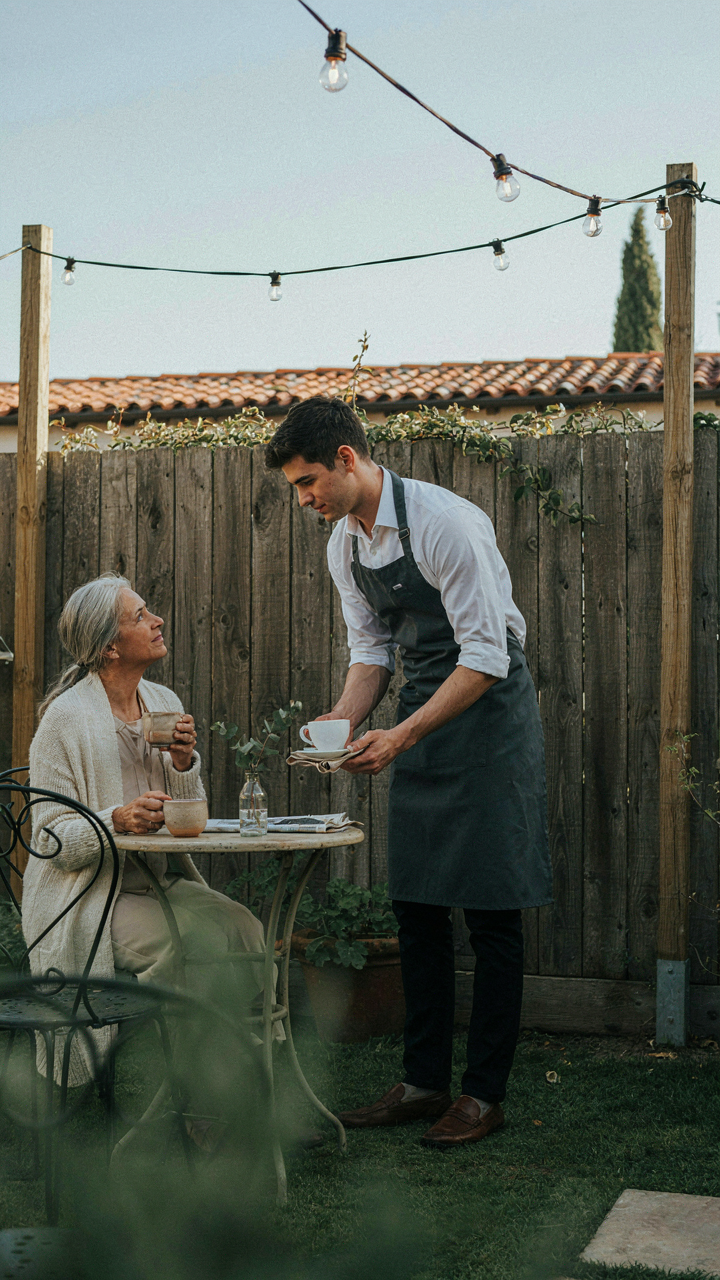 A waiter smoothly delivers coffee to a customer at a sidewalk cafe.
