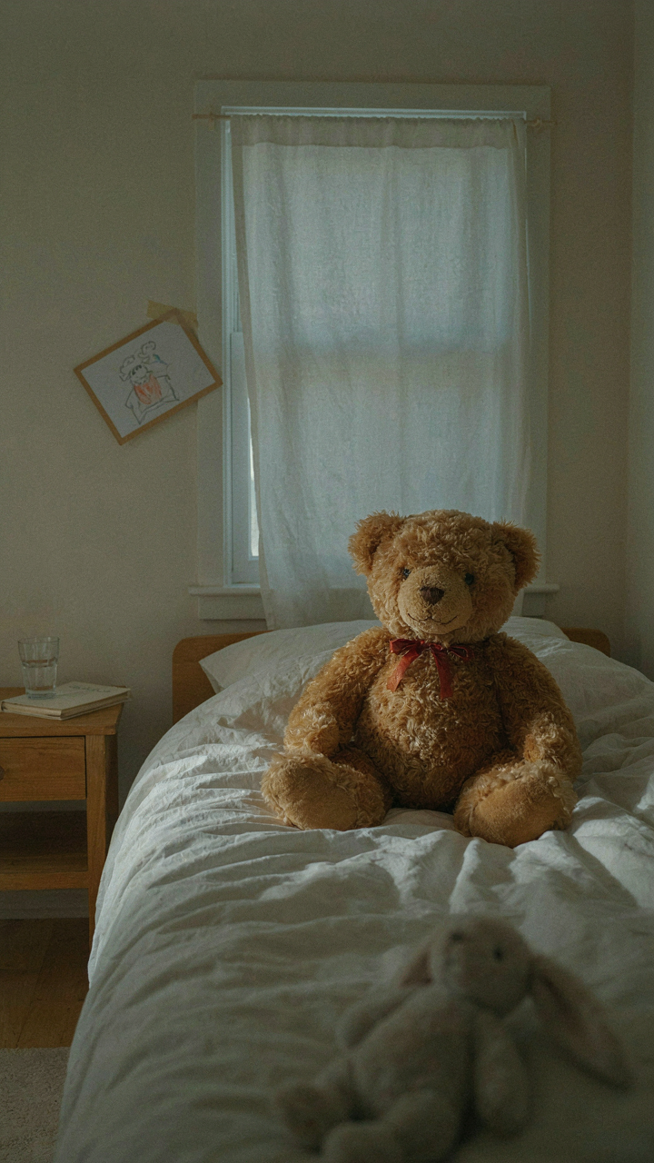A single, worn teddy bear sits on a bed in a child's room.