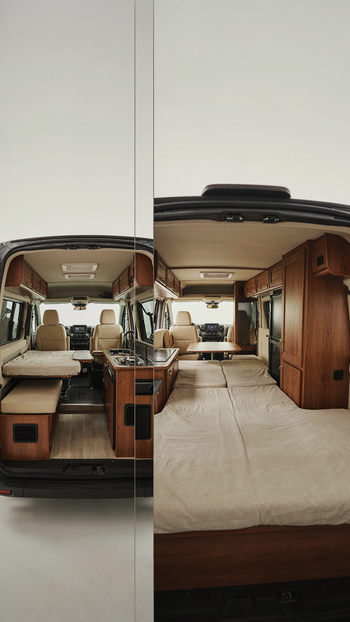 Two different camper van interiors show how designs fit different sized vans.