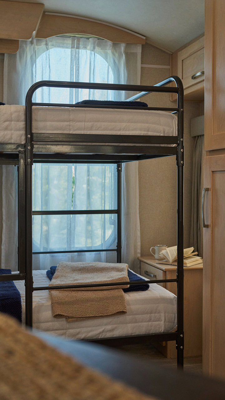 A sturdy, durable RV bunk bed frame and mattress.