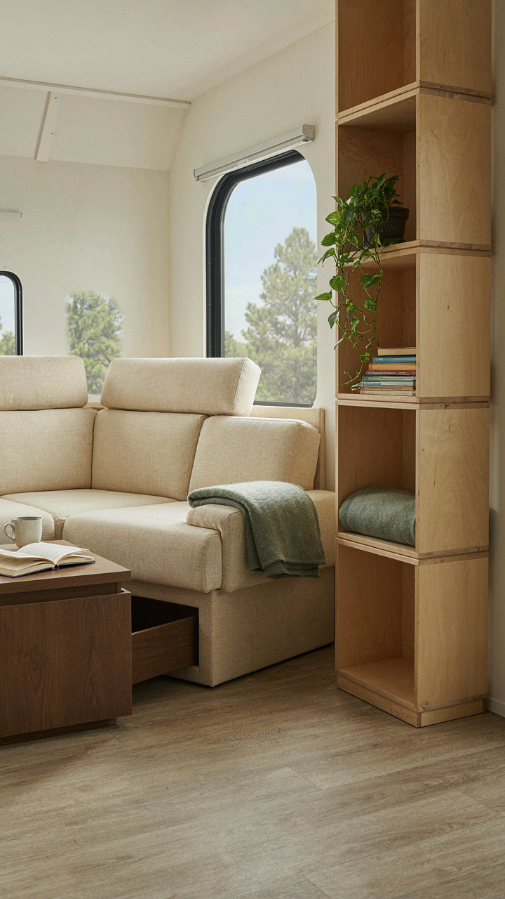 Modular camper furniture in an RV, showing different possible configurations.