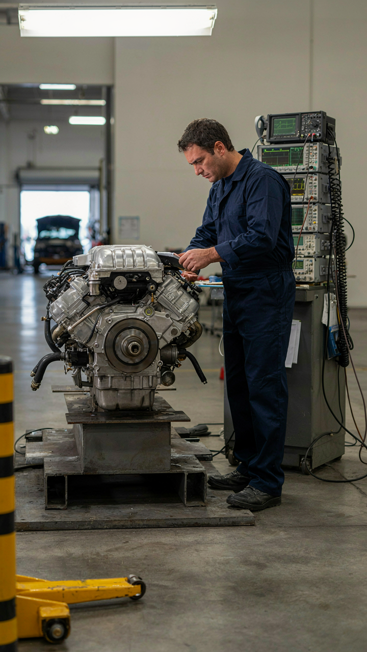 A car engine vibrates on a test stand.