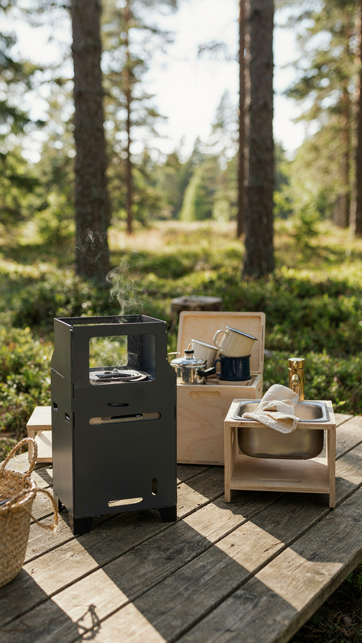 Modular camping boxes with a stove and a sink fit together.