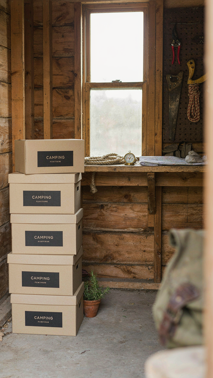 A neat stack of labeled camping boxes, each designed for a single type of gear.