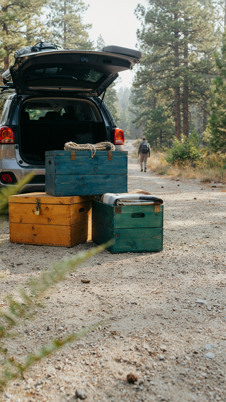Three distinct, labeled camping crates, each prepared for a different type of outdoor trip.