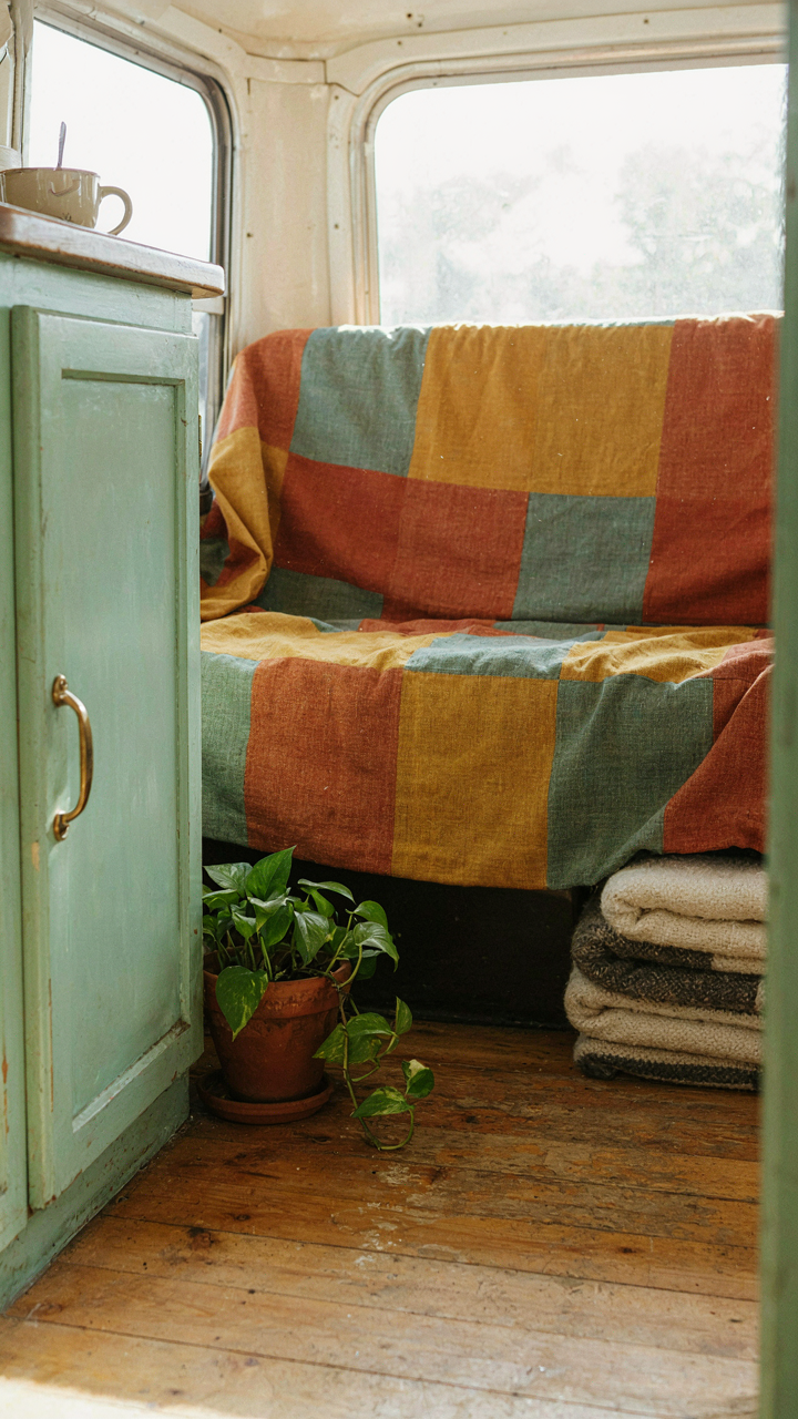 A charming, slightly worn hand-painted cabinet in a vintage camper.