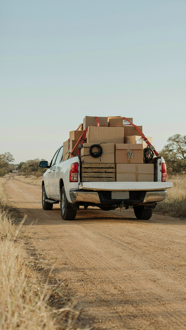 Cargo boxes neatly stacked and secured in a truck bed.