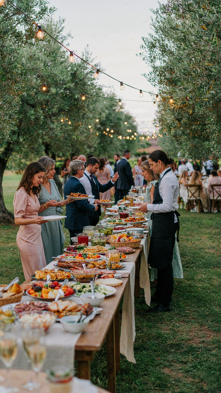 Guests at a wedding buffet line move smoothly and happily.