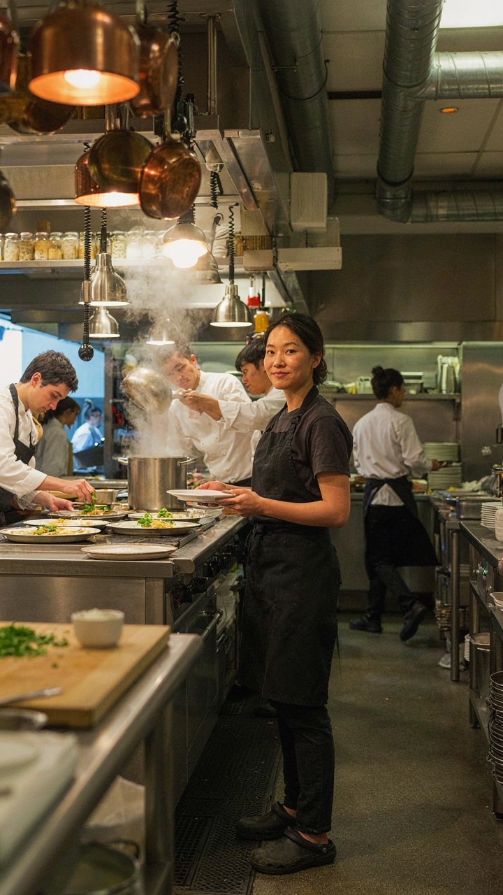 A busy kitchen scene with many chefs working quickly.