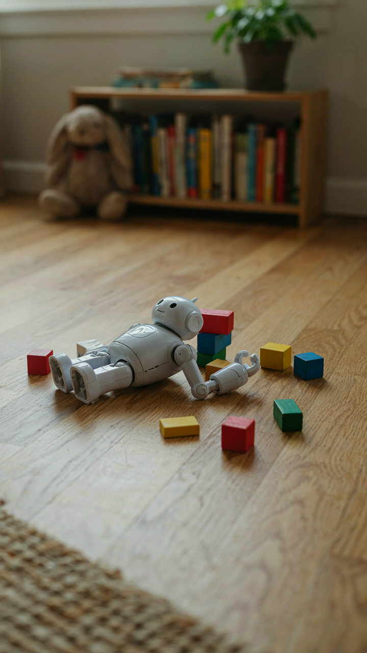 A toy robot with a detached arm lies next to colorful building blocks.