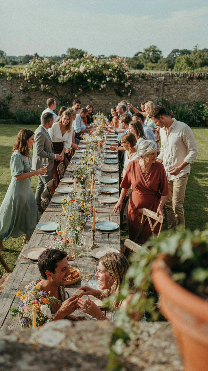 Guests walk freely around an outdoor long table.