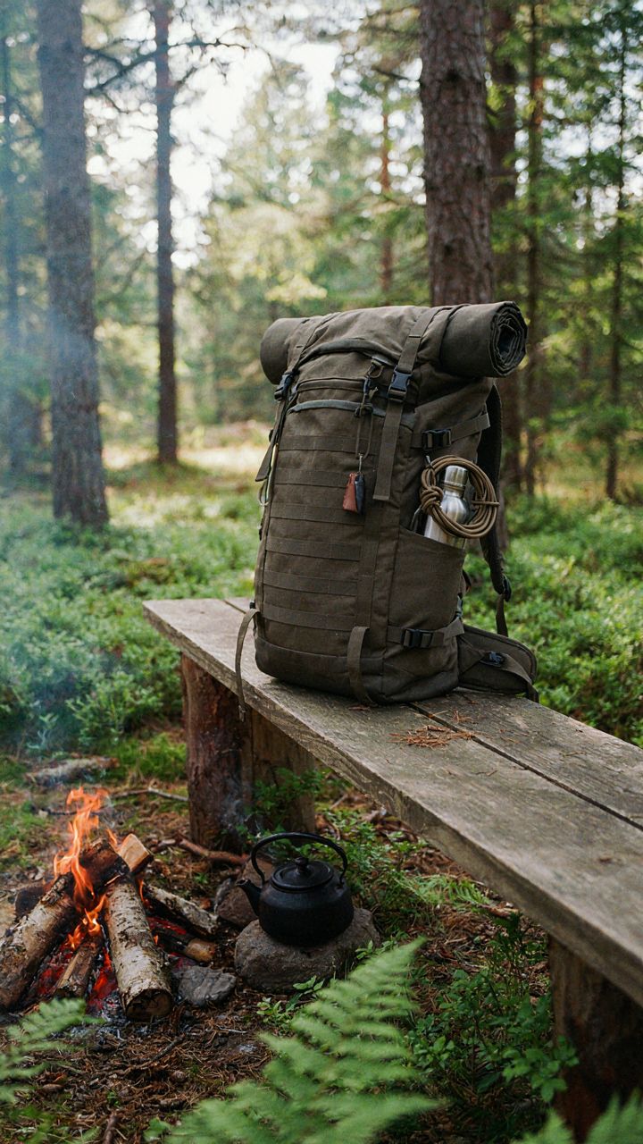 A tightly packed camping backpack sits next to a campfire.