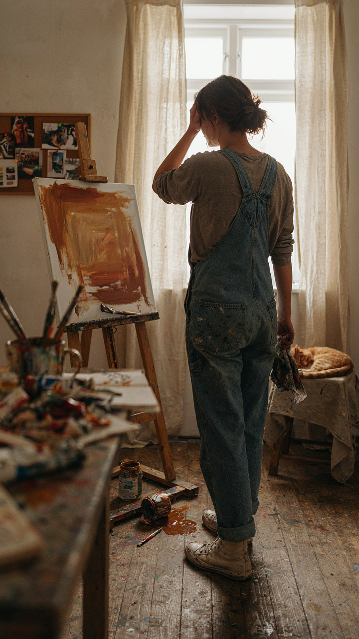 A frustrated person stares at a blank wall in a messy artist's studio.