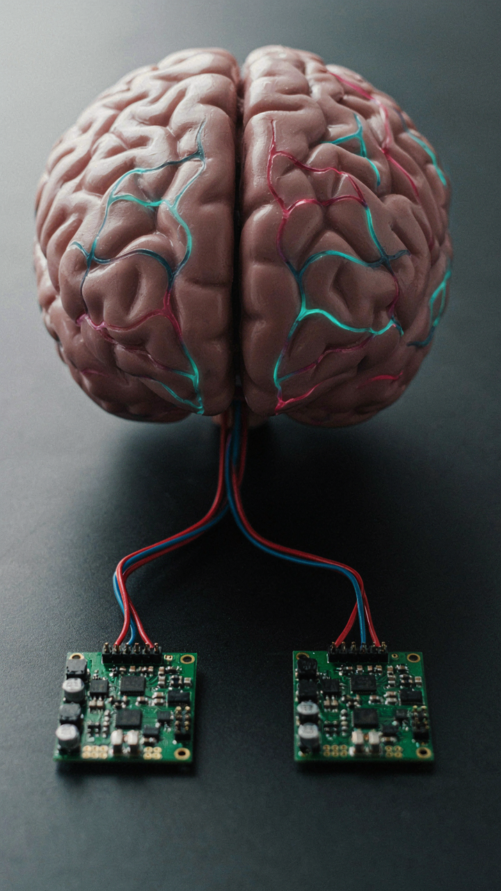 A brain model with glowing pathways connects to two small circuit boards.