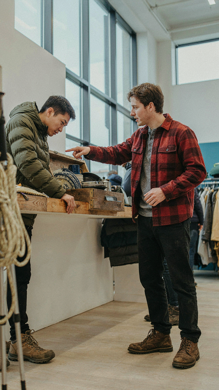 A salesperson showing a customer an expensive camping chuck box in a store.