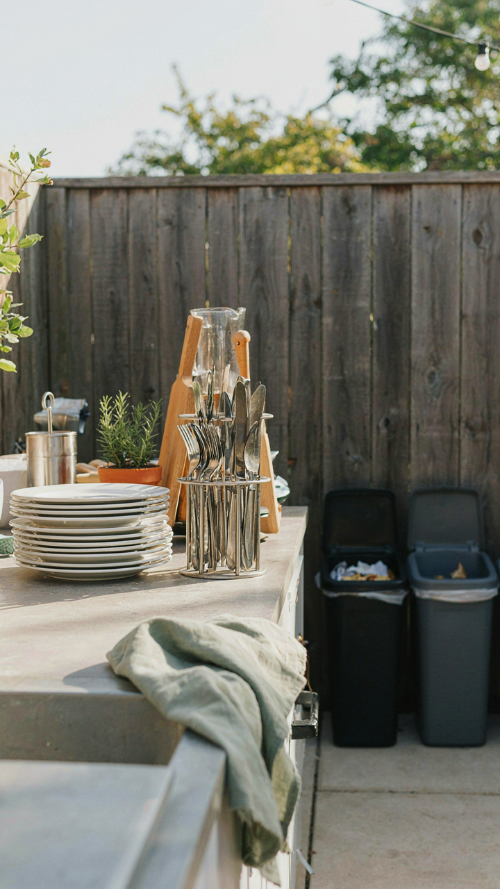 Clean serving platters and utensils are drying near an outdoor recycling station.