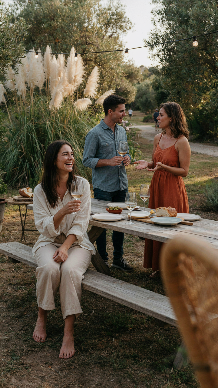 A person wears light colored, long sleeve clothes at an outdoor party.