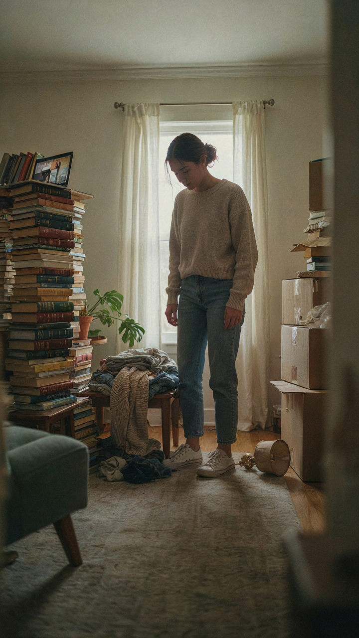 A person stands in a room full of their possessions, feeling overwhelmed.