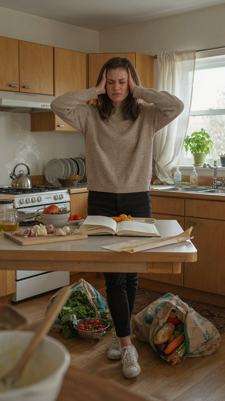 A person looks stressed in a messy kitchen full of food.