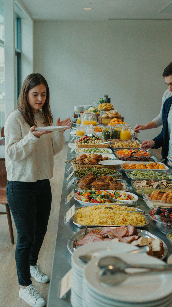 A person looks confused by too many food choices at a buffet.