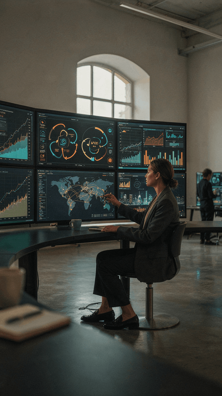 A person watches many screens showing data in a control room.