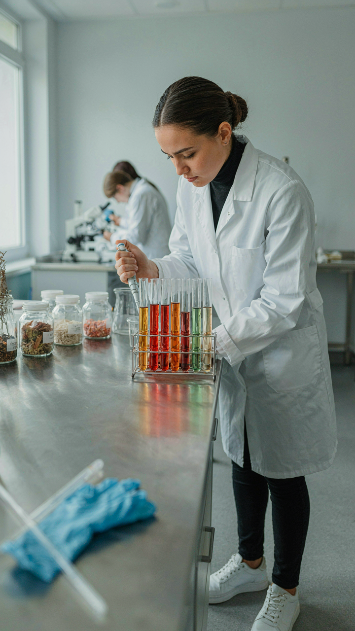 Scientist in lab coat using pipettes with test tubes, symbolizing flavor pairing.