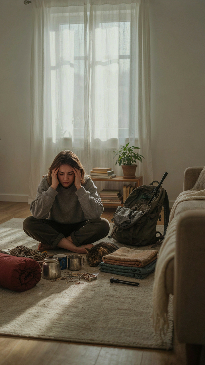 A person looking stressed, surrounded by messy camping gear spread across a living room floor.
