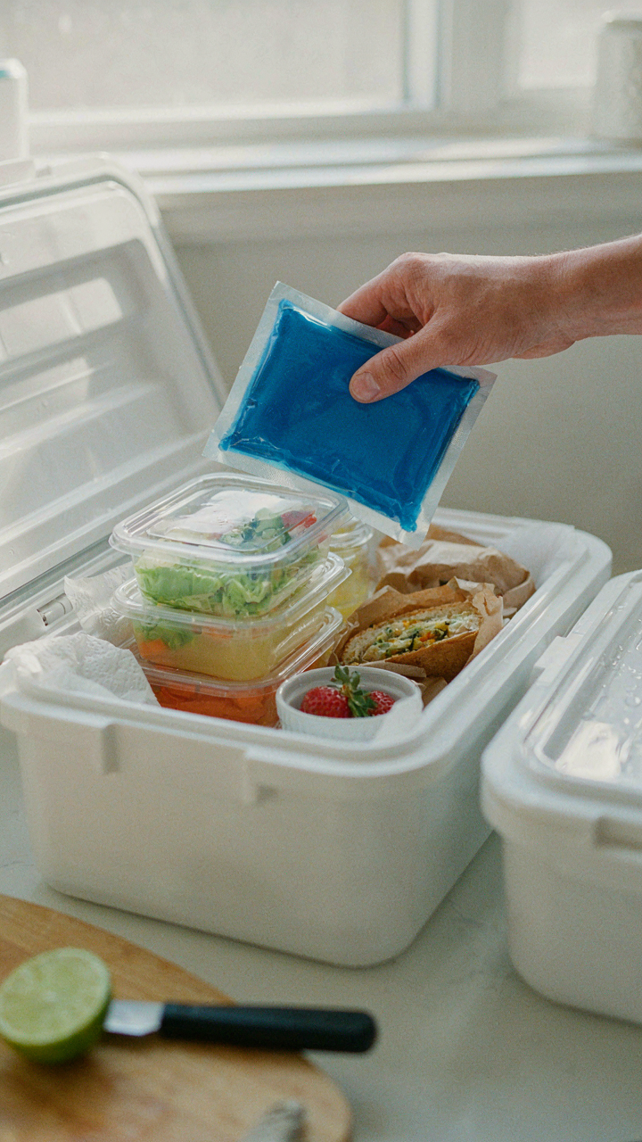 A hand puts an ice pack into a cooler with picnic food, keeping it cold.