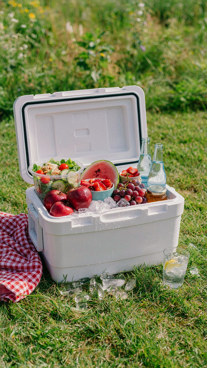An open picnic cooler holds cold drinks, salads, and fruit on ice.