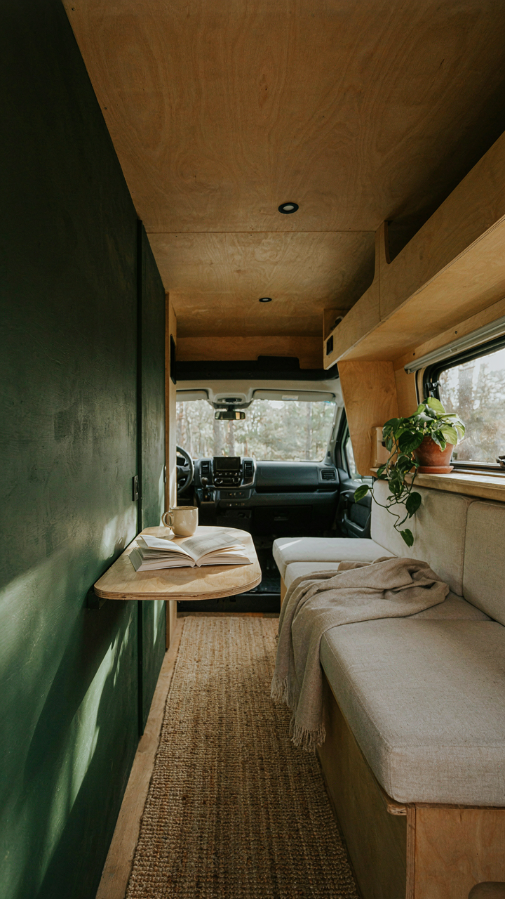 A van interior featuring a dark forest green accent wall, showing intentional color use.