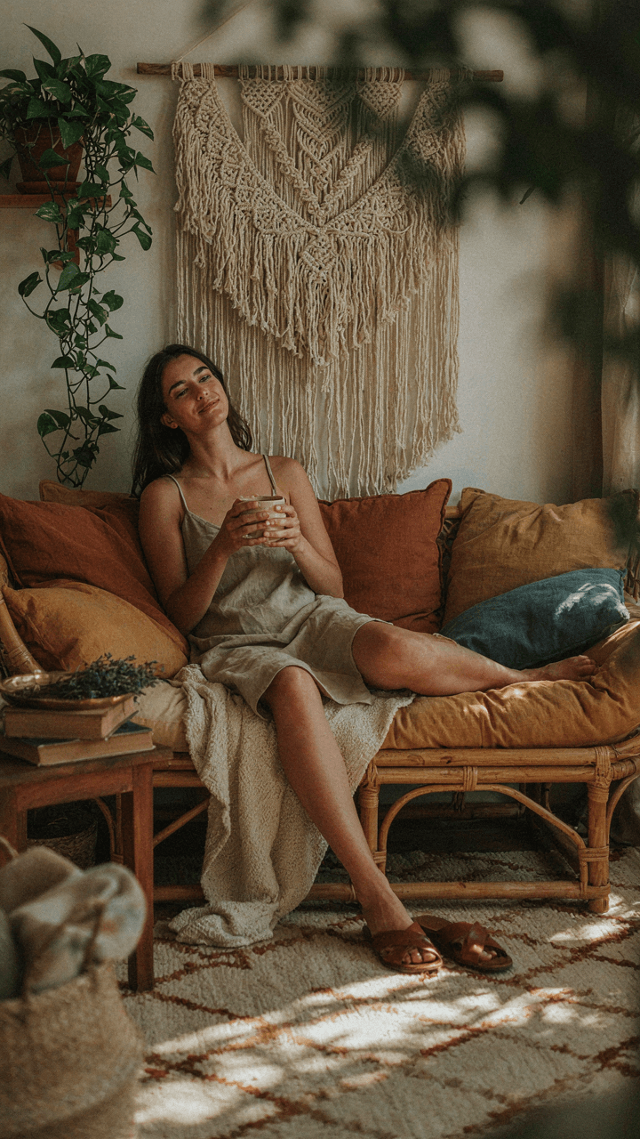 A person relaxes comfortably on a cushioned patio chair.
