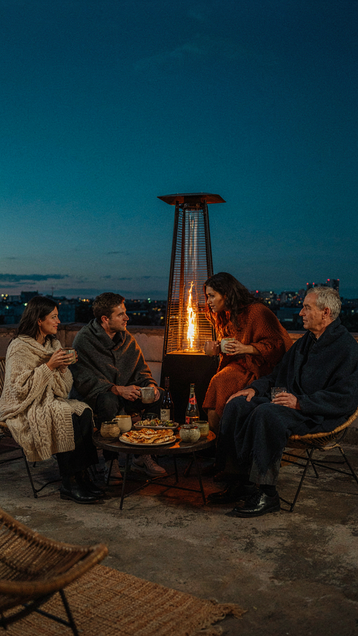 People sitting warmly around an outdoor patio heater on a cool evening.