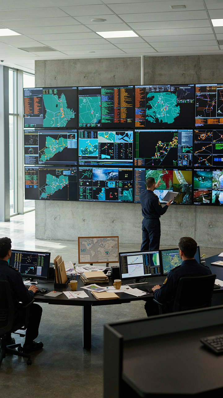 A busy military command center with screens and operators.