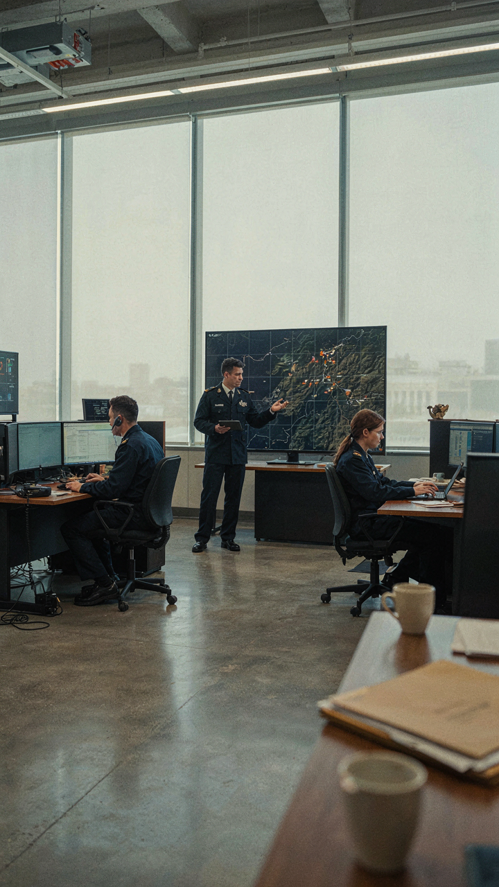 A military command center shows separate areas for different tasks.