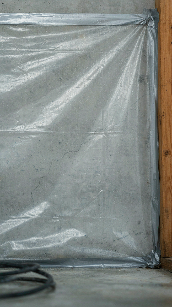 Condensation droplets are on a clear plastic vapor barrier.