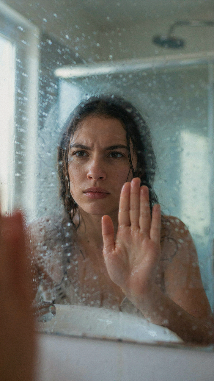 A steamy bathroom mirror after a hot shower, a hand wiping away condensation.