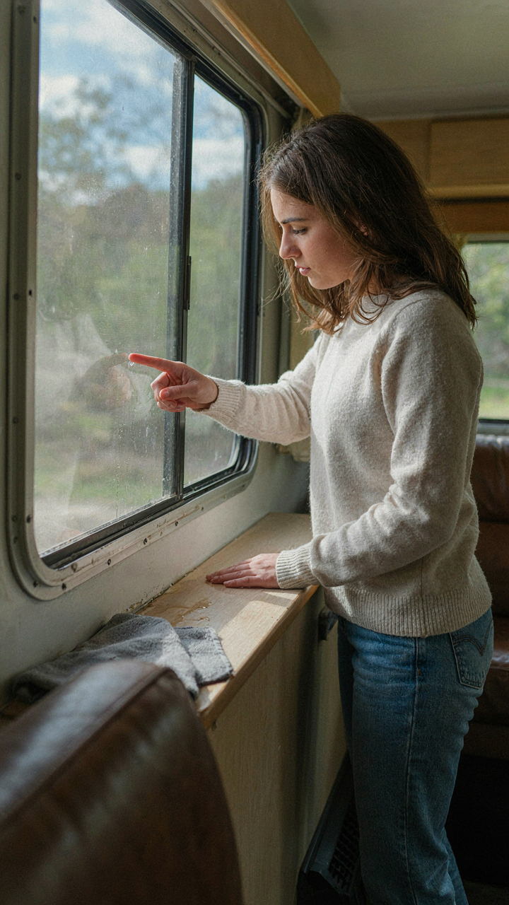 A person points out condensation on an RV window near a loose seal.