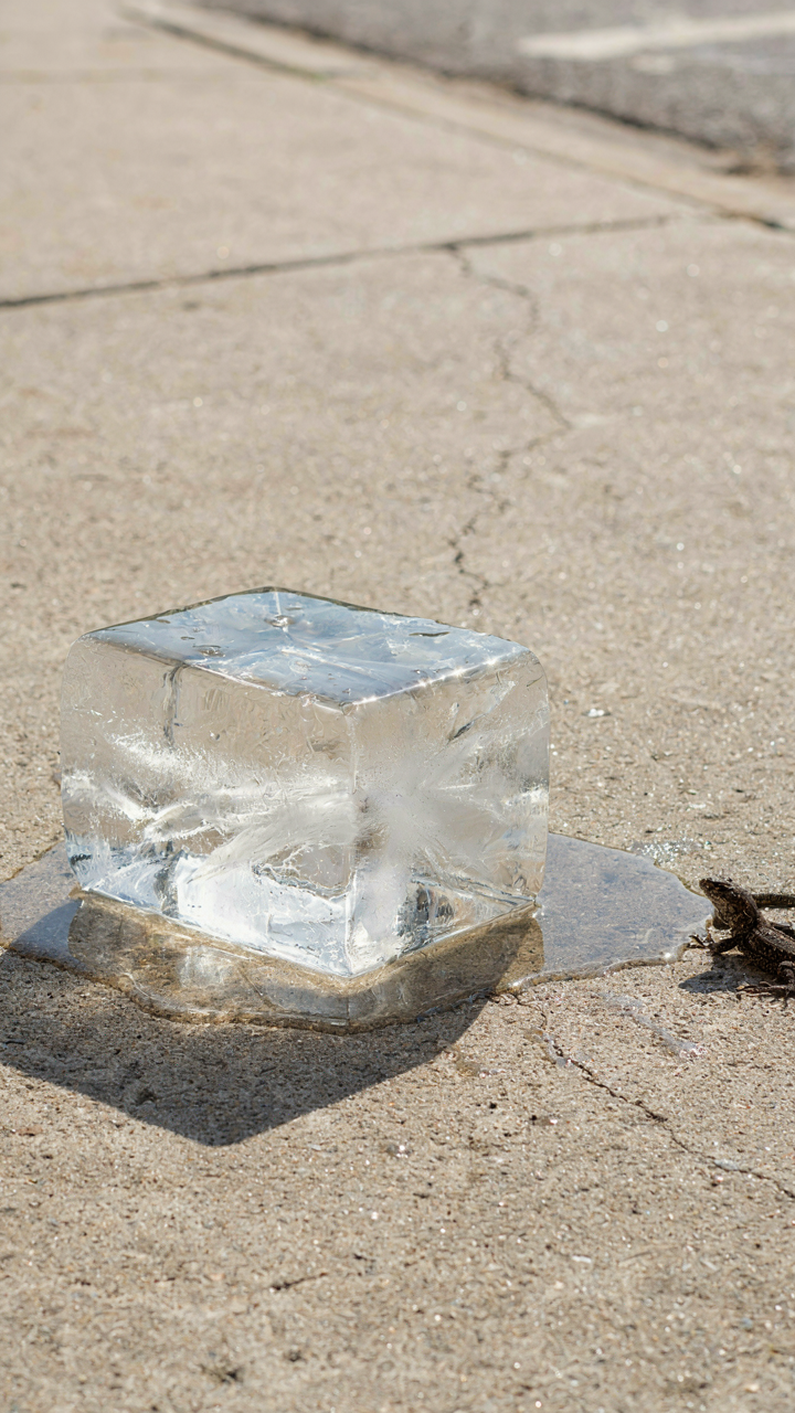A block of ice melts on a warm concrete sidewalk in the sun.