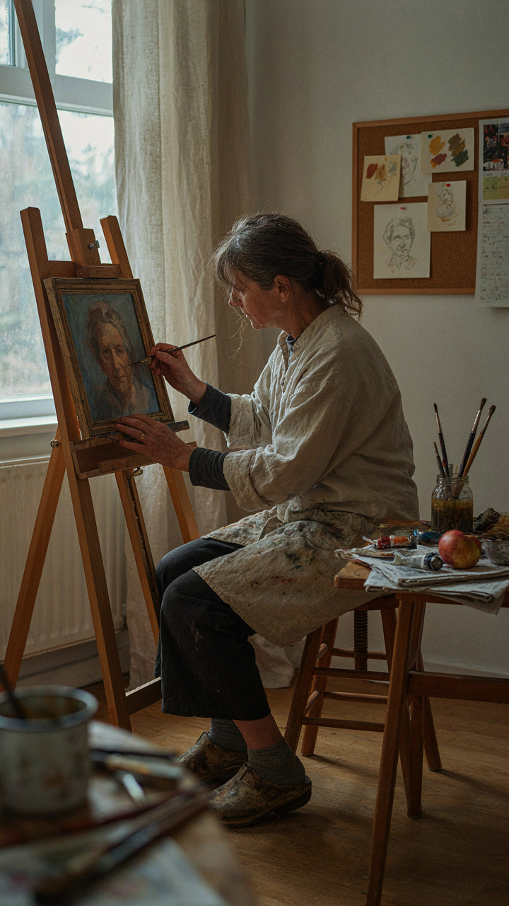 An artist carefully paints a small, detailed miniature portrait.