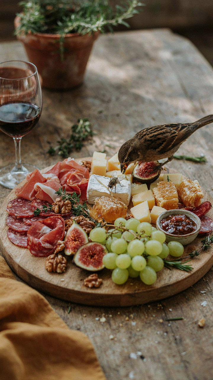 An outdoor charcuterie board on a dusty table, with a fly and a bird.